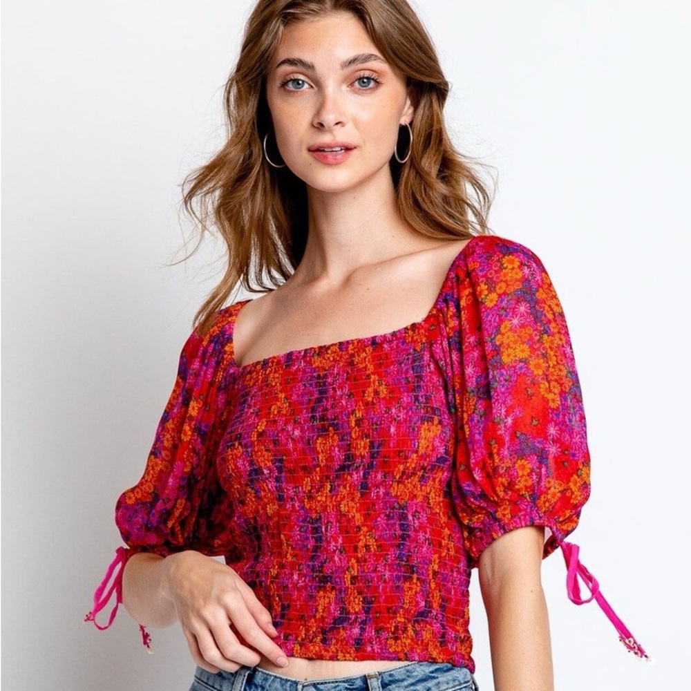 NWT Free People Pink Multi-Colored Floral Smocked Balloon Sleeve Top
